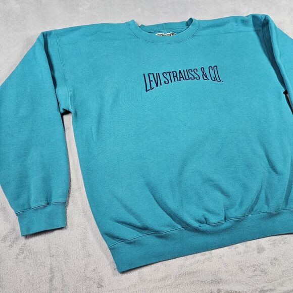 Vintage 90s Levi Strauss & Co Sweatshirt Green Embroidered Logo Spell Out Grunge - Picture 2 of 16